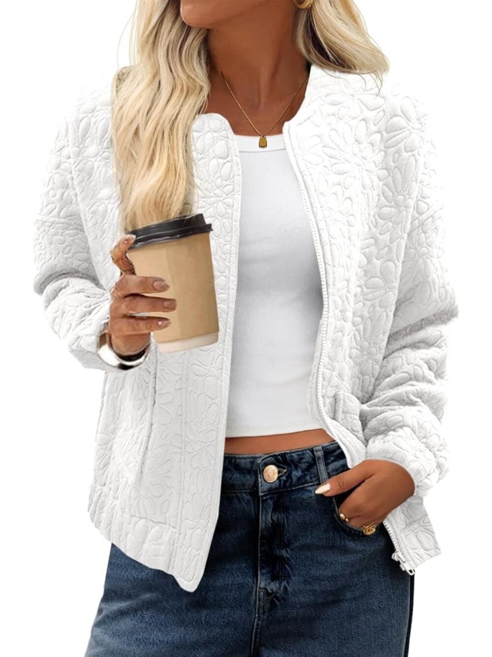 Women's White Jacquard Bomber Jacket Zip Up Lightweight Casual Fall Coat